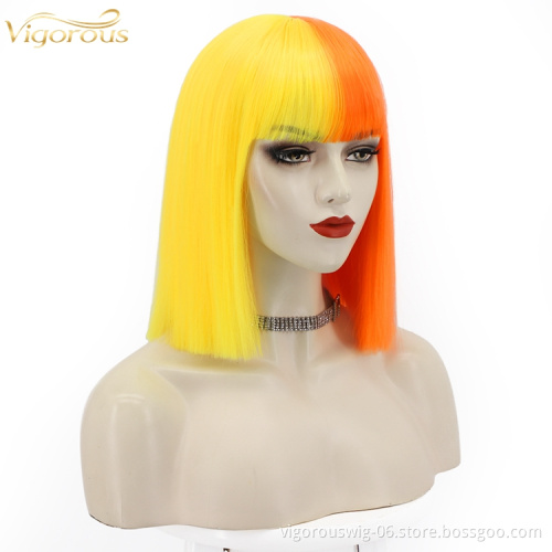 Colorful Cosplay Half Yellow And Orang Short Bob with Bangs Synthetic Wig Glueless Heat Resistant Hair None Lace Wig Top Sell